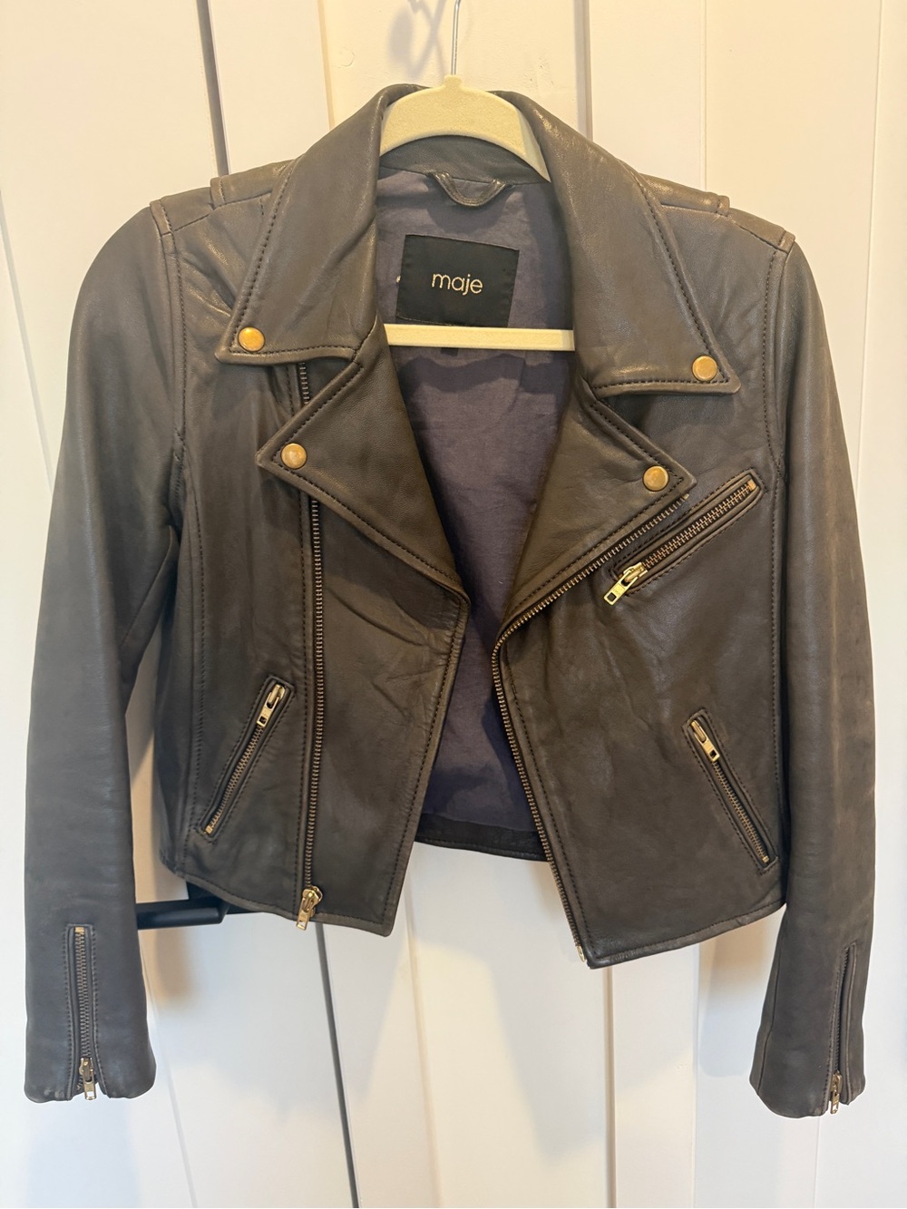 maje Brown Leather Moto Jacket with Gold Hardware